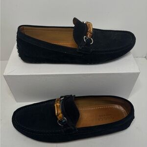 Authentic Gucci Bamboo Horsebit Black Suede Leather Mens Loafer